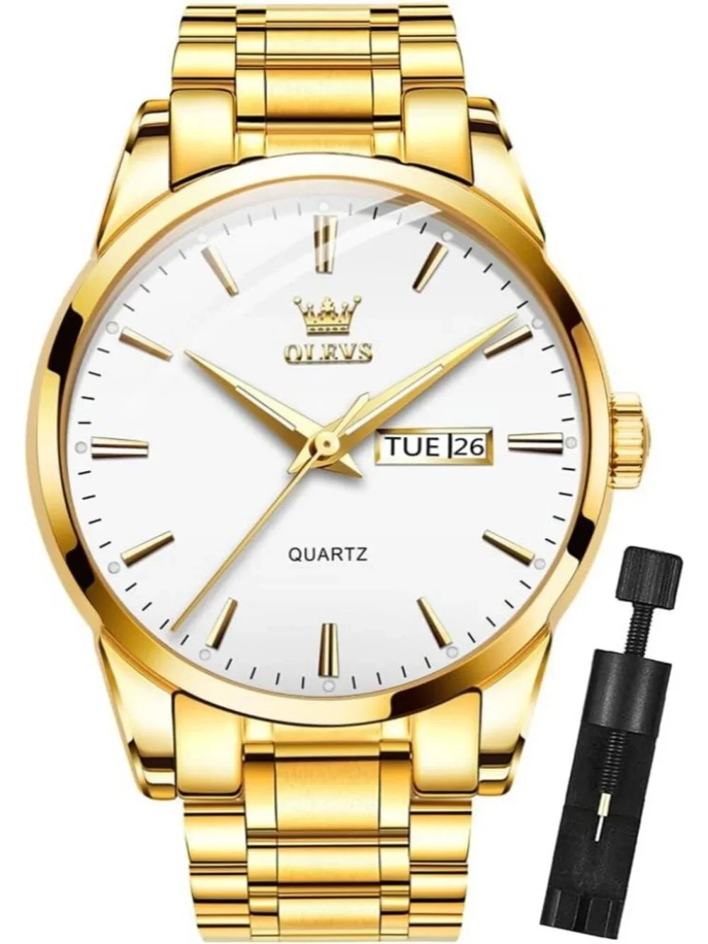 Men's Gold White Analog Quartz Stainless Steel Luxury Luminous Waterproof Watch